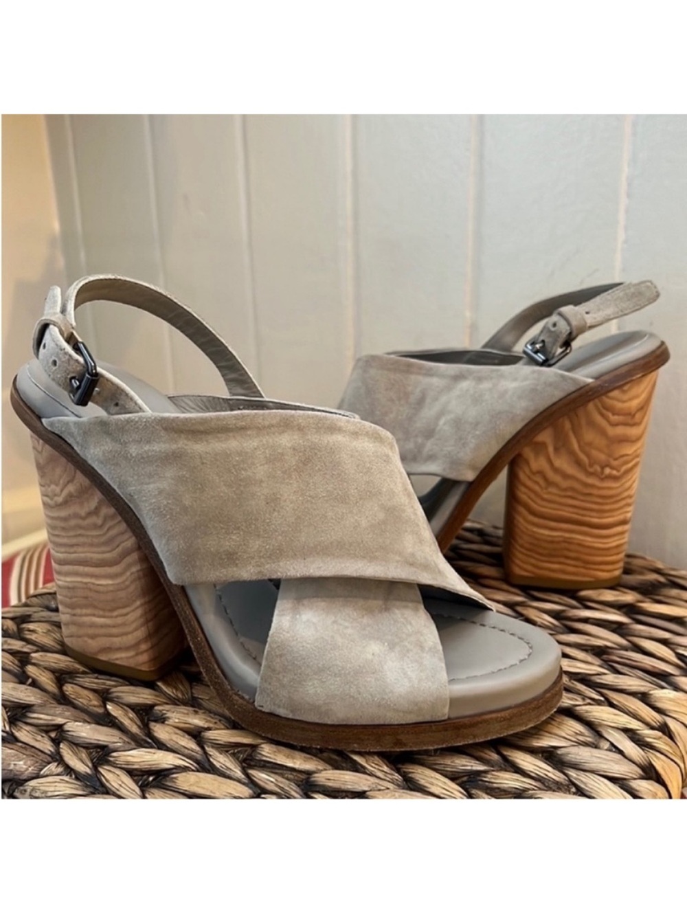 Vince Helena Wooden Block Heel Suede platform Sandal in Fossil